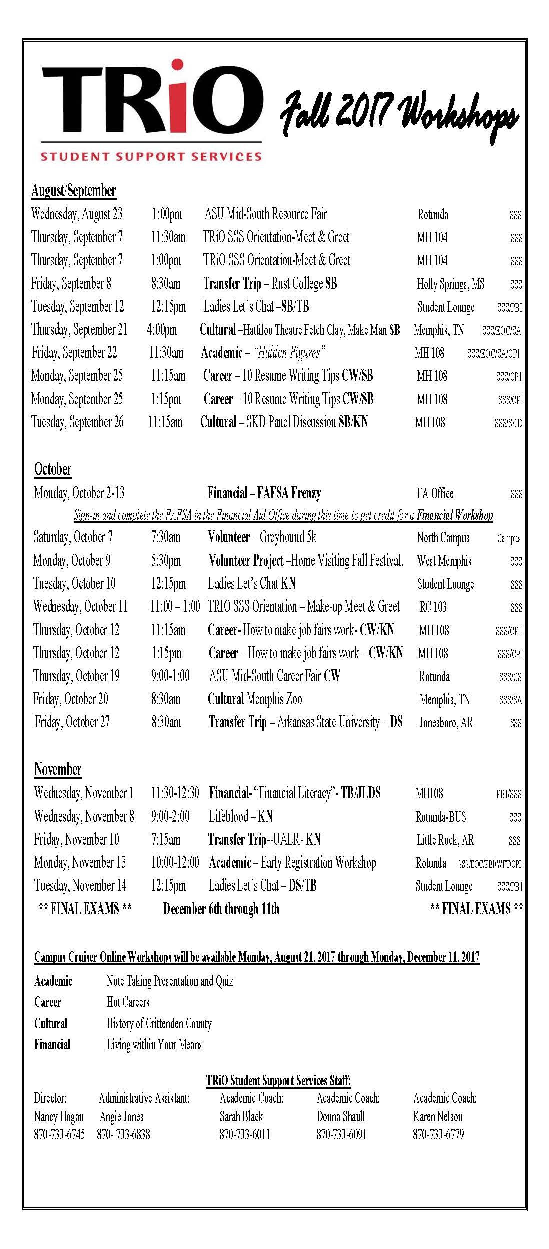 TRiO SSS Fall 2017 Calendar ASU MidSouth West Memphis, Arkansas